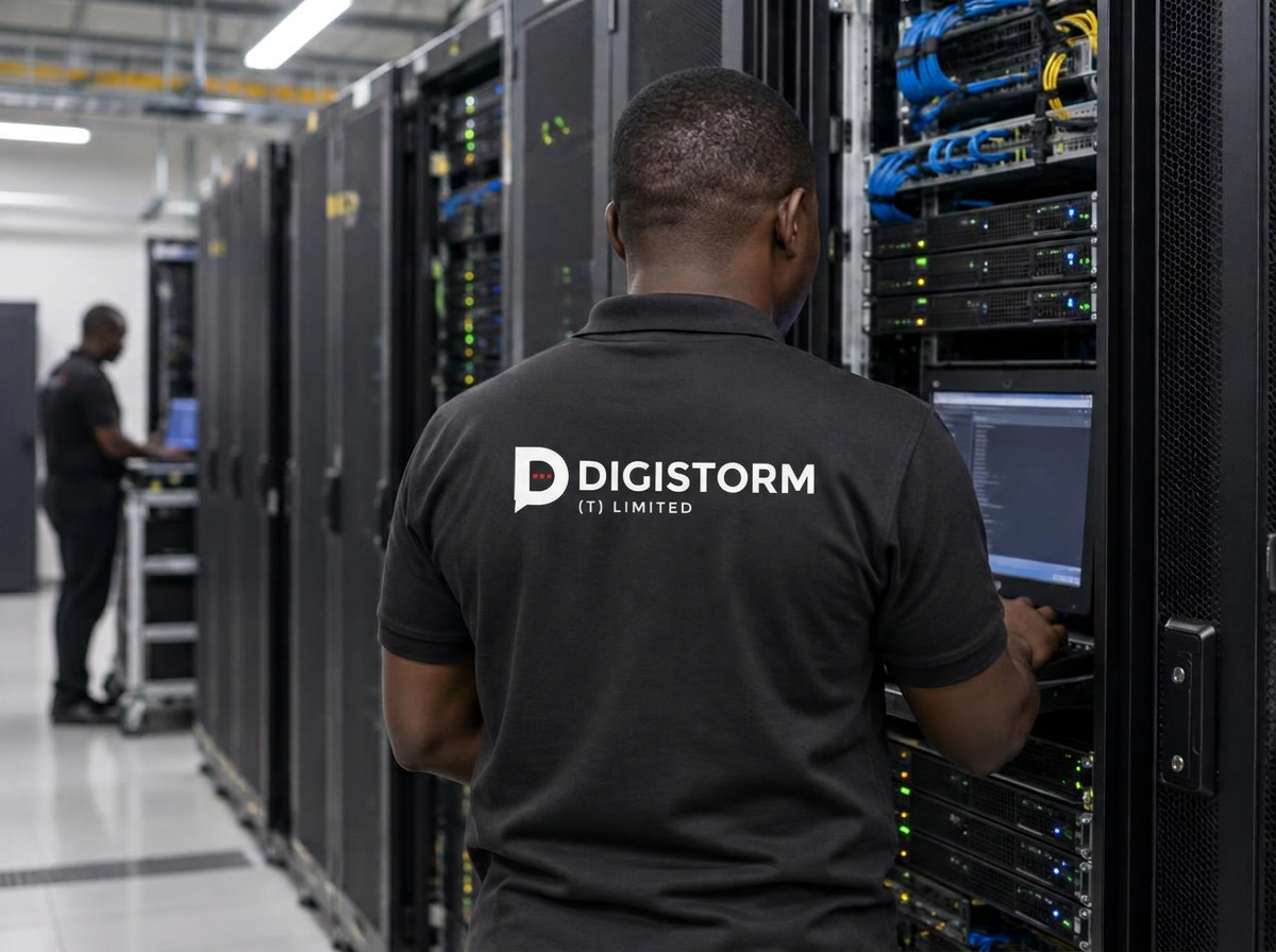 A DigiStorm officer operating equipment inside a data centre